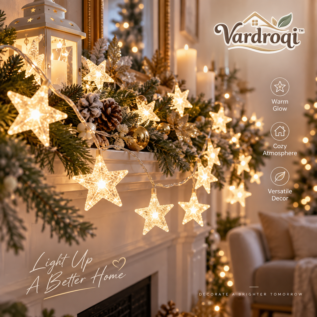 Vardroqi™ Starlit Glow Star String Lights – Warm LED Decorative Fairy Lights for Bedroom, Mantel, Window & Holiday Home Décor