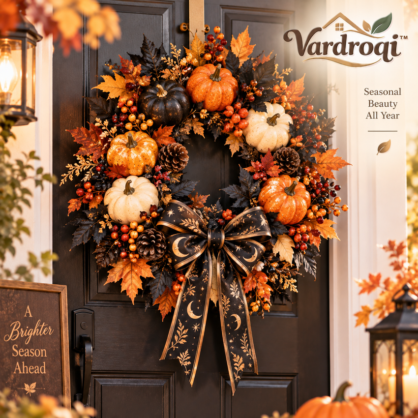 Vardroqi™ Harvest Nocturne Halloween & Fall Wreath – Decorative Pumpkin, Berry & Foliage Door Wreath for Front Door, Wall & Seasonal Home Décor