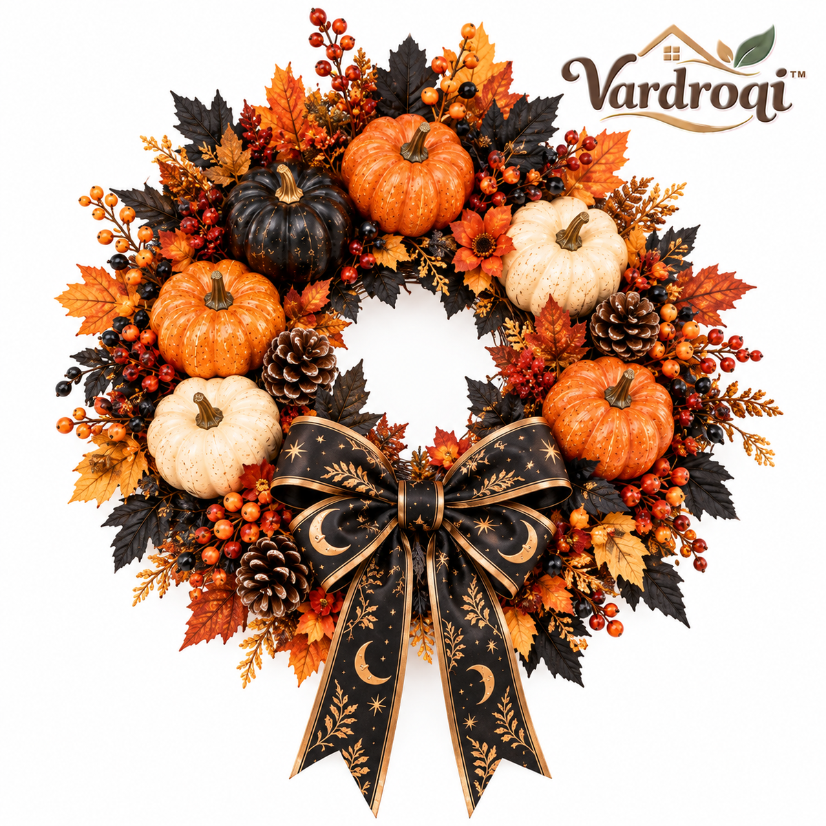 Vardroqi™ Harvest Nocturne Halloween & Fall Wreath – Decorative Pumpkin, Berry & Foliage Door Wreath for Front Door, Wall & Seasonal Home Décor