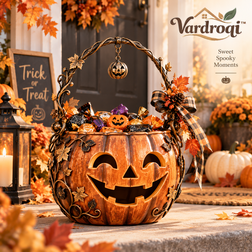 Vardroqi™ Grinning Hollow Vintage Halloween Candy Basket – Pumpkin Trick-or-Treat Bucket & Hanging Decorative Basket for Party, Entryway & Holiday Décor