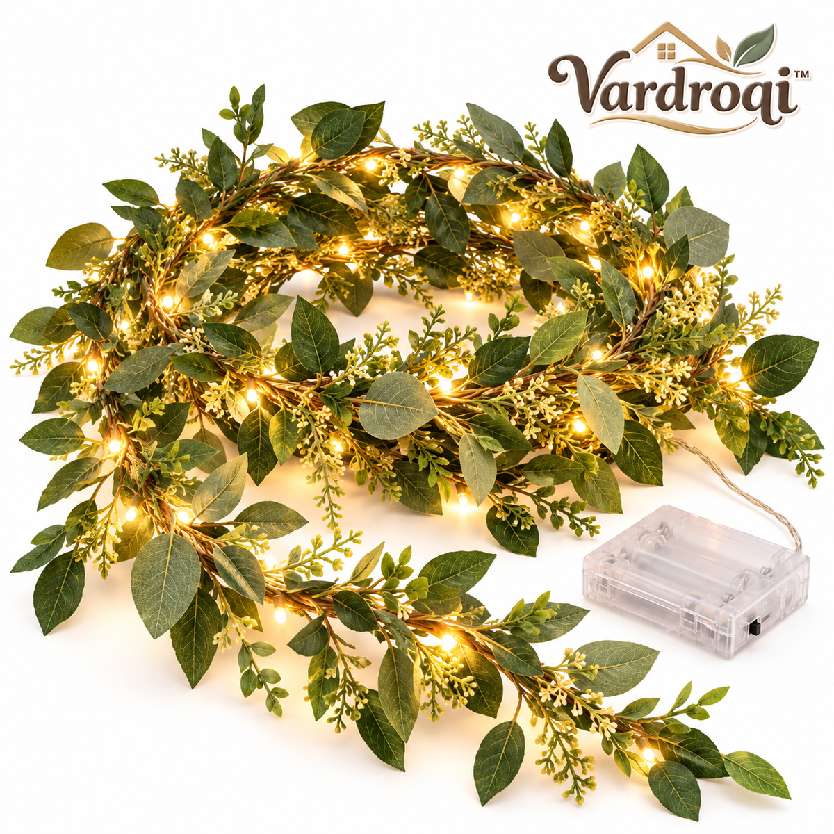 Vardroqi™ Verdant Twinkle Lighted Leaf Garland – Faux Greenery Vine with Warm LED Fairy Lights for Mantel, Table, Wedding & Holiday Décor